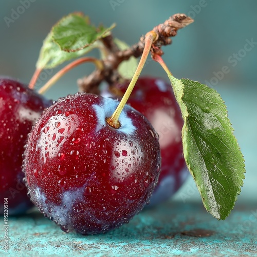 Fresh ripe cherries with water droplets on rustic wooden surface close-up