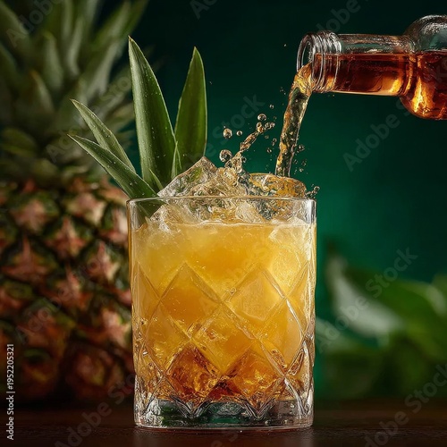 Golden rum cocktail pouring into glass with pineapple garnish and ice in moody lighting
