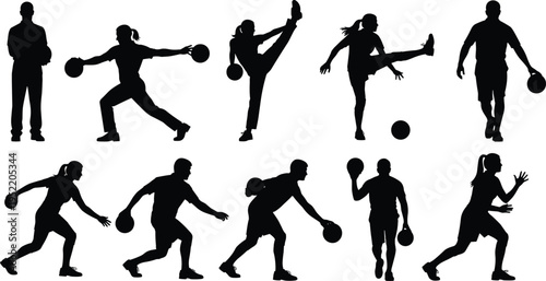 Collection of black silhouettes of people playing basketball and bowling in various active poses isolated on white background for sports