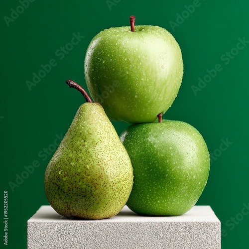 Fresh green apples and pear balanced on minimalist white block against teal background
