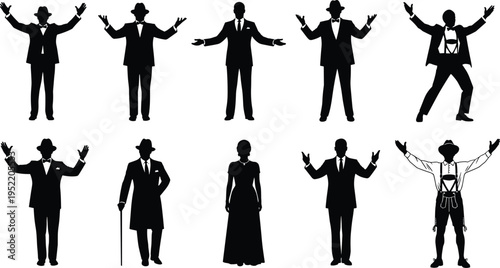 Collection of formal men and women silhouettes in suits tuxedos and vintage costumes with arms raised for theater stage performance