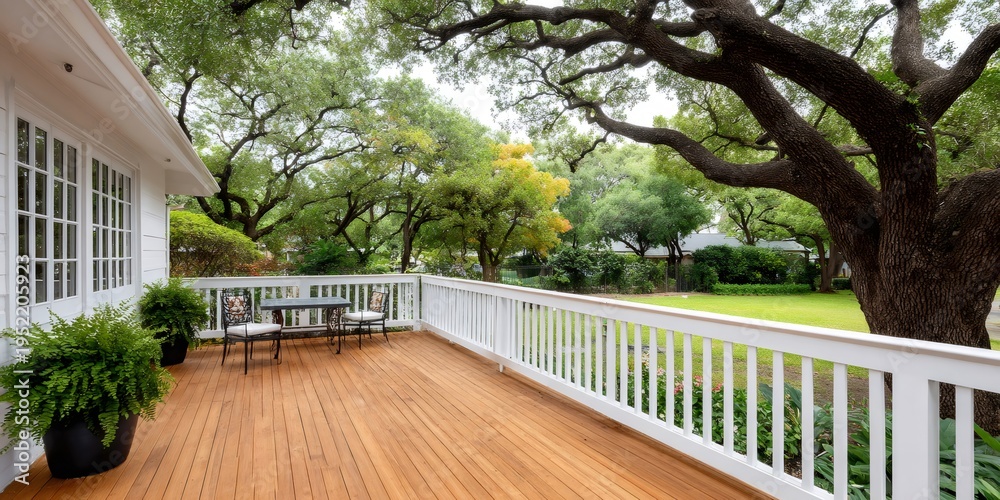 Fototapeta premium Wooden deck with white railing overlooking green backyard