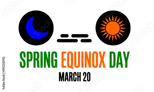 Spring Equinox Day March 20 Horizontal Banner with Sun and Moon Icons in Orange and Blue — First Day of Spring Vernal Seasonal Holiday Poster Vector Design