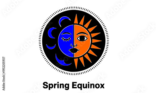 Spring Equinox Vector Icon with Sun and Moon Face — Celestial Yin Yang Symbol in Orange and Blue for Astrology, Seasonal, and Spiritual Design