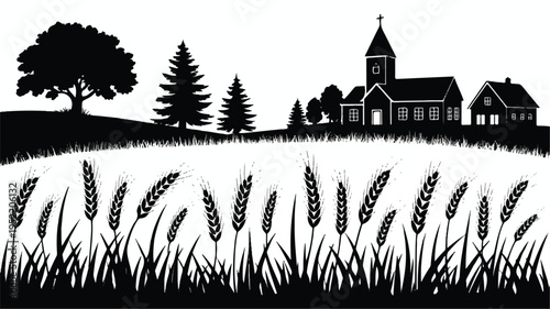 black and white illustration of a church and house in a rural landscape with wheat field and trees