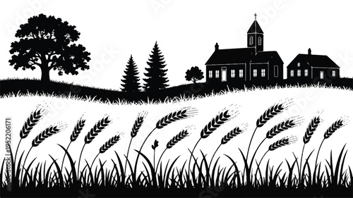 black and white illustration of a church and houses in a wheat field