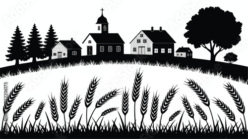 black and white illustration of a rural village with a church and houses on a hill
