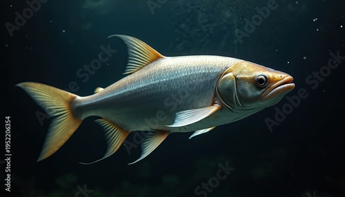 Streamlined silvery fish swims in dark water. Reflective scales fins and forked tail visible. Aquatic life documentation subject. Ichthyology research element. Underwater composition.