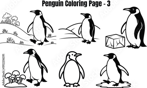 Penguin coloring page with six penguins and ice cube