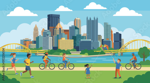 Full-Width Vector Illustration of Busy Pittsburgh Skyline Park Activity with a Kite Flyer, multiple Bicyclists, and Runners near a Yellow Bridge