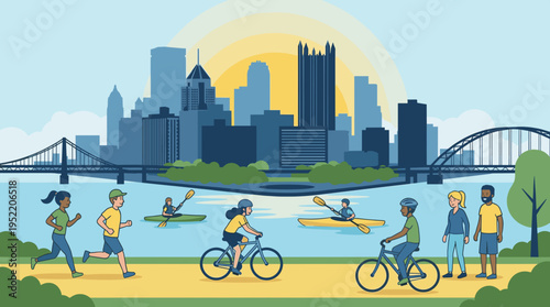 Vibrant Pittsburgh Park Activity Vector Skyline with Runners, Cyclists, Walkers, Kayakers, and a Black Bow Bridge under a Golden Sky.