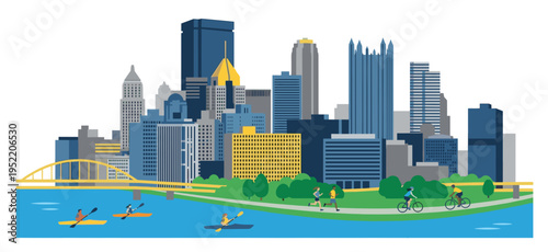 Pittsburgh Riverfront Activity Trail Vector Skyline featuring Runners, Cyclists, and Kayakers with a Yellow Bridge.