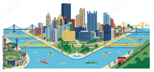 Unique Elevated Vector Illustration of Pittsburgh Skyline activity over Point State Park Fountain, Baseball Stadium, Multiple Bridges and River Kayaking.