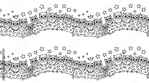 black and white illustration of owls sitting on a branch under starry night sky