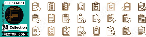 Set of twenty four clipboard vector icons featuring various business document tasks checklist management and office report symbols for professional web design and mobile application interfaces