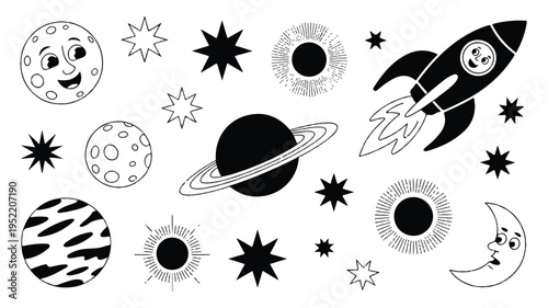 black and white illustration of planets stars and a rocket in space