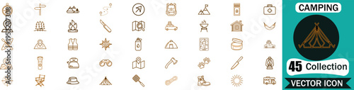 Set of forty five professional camping and outdoor adventure thin line vector icons for travel websites and mobile applications design