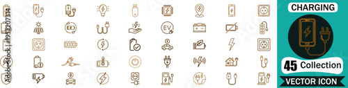 Set of 45 charging and battery thin line vector icons for mobile applications web design and digital technology interface development projects in professional outline style