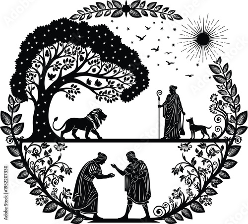 ancient biblical scene with lion and shepherd under sacred tree, spiritual symbolic landscape, vintage scripture style, cad drawing flat vector illustration