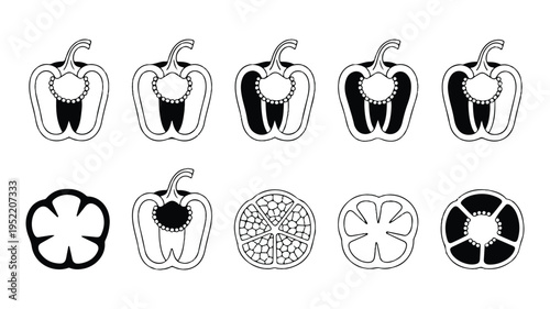 Black and white illustrations of peppers and other vegetables