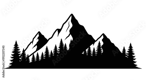 Dramatic mountain range with evergreen trees on transparent background silhouette