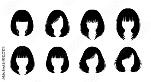 Six different women s hairstyles displayed as black silhouettes on transparent background