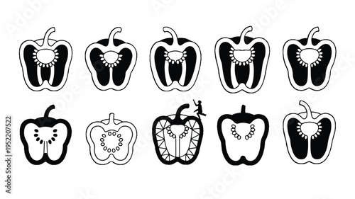 black and white illustrations of various bell pepper designs