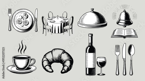 black and white illustrations of restaurant table settings and food items
