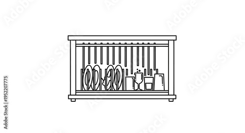 Dish Rack with Clean Dishes and Utensils.