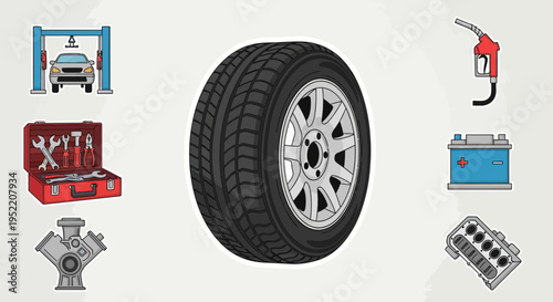 Car Tire with Metal Rim Closeup.