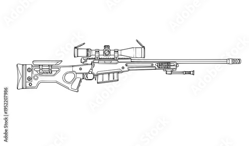 AWM sniper rifle outline vector illustration detailed line art weapon blueprint style isolated on white