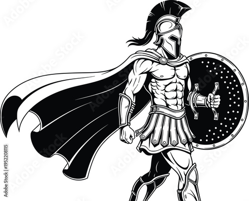 ancient spartan warrior with shield and flowing cape, heroic greek soldier armor illustration, classical battle character, cad drawing flat vector illustration