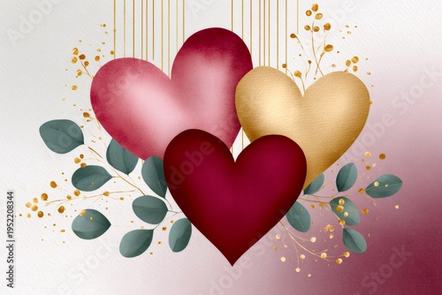 Watercolor hearts with golden accents and foliage