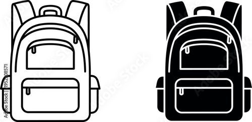 Simple Backpack Line Art and Solid Black Silhouette Isolated on a White Background
