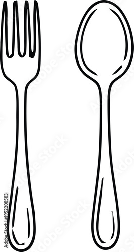 Fork and spoon illustration with simple outline style. Minimal kitchen cutlery design with clean line art shapes. Classic utensil graphic for dining, cooking, and creative design. 