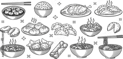 Asian Cuisine Hand Drawn Food Set with Dumplings, Ramen, Rice Bowl, Spring Rolls, Fortune Cookies, Roast Chicken, and Traditional Chinese Dishes Illustration