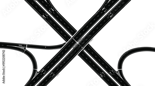 Aerial view of highway overpass intersection with crossing roads, modern transport infrastructure, urban traffic system, elevated junction design, top view road network