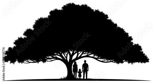 A majestic tree with people below striking silhouette on transparent background