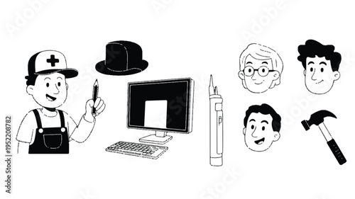 Cartoon illustration of a man with various tools and computer equipment and heads