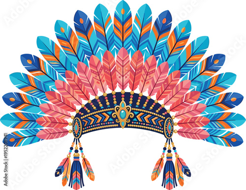 Colorful feather headdress illustration, tribal ethnic costume accessory, boho festival design, native style headpiece, decorative feathers, cultural ornament, vibrant vector artwork