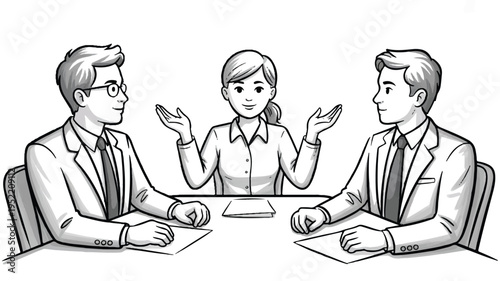 cartoon illustration of business people sitting at a table and talking