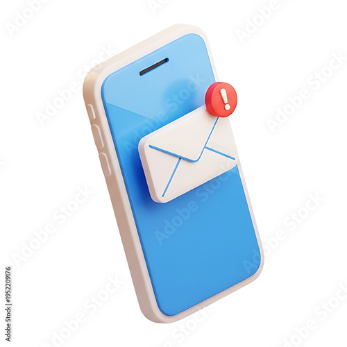 A 3D blue smartphone with a white envelope and red alert badge represents urgent mobile email notification and message