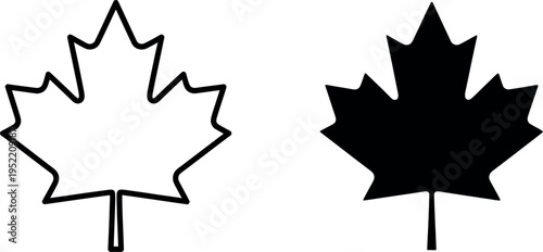 Two Maple Leaves Outline and Solid Silhouette, Symbolic Representation on White Background