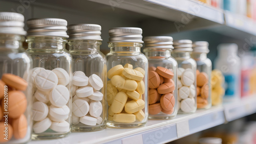 Row of pharmaceutical tablets in various shapes and colors on shelf, illustrating organized medicine storage, pharmacy environment, and professional pharmaceutical practice