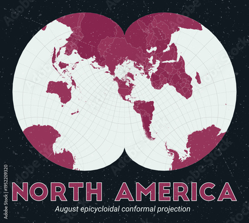 North America. World map. August epicycloidal conformal projection centered to North America. Pale Mint Dark Pink palette. Vintage texture. Captivating vector illustration.