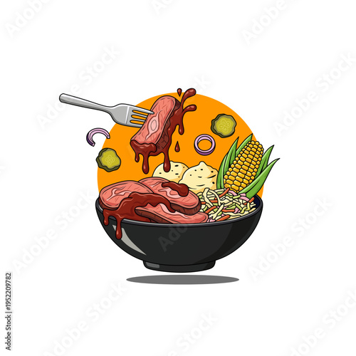 Delicious Steak Bowl Illustration with Grilled Meat, Corn and Vegetables Flat Design