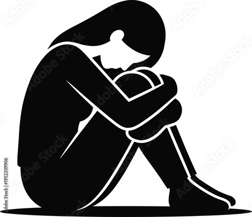 Depressed person sitting alone silhouette, sadness and mental health concept, emotional stress, loneliness, anxiety disorder, human depression illustration, psychological struggle awareness concept