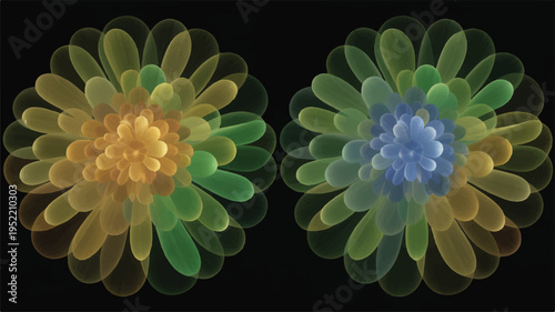 Colorful abstract flower designs with petallike shapes in green blue and yellow hues