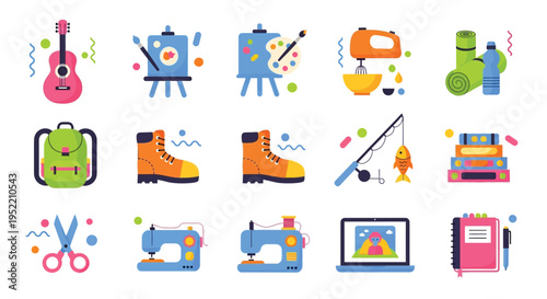 A vibrant collection of icons representing various hobbies and creative activities, including art, music, crafting, and outdoor pursuits.