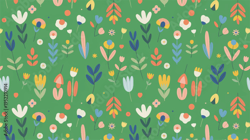 colorful floral pattern with flowers and leaves on green background
